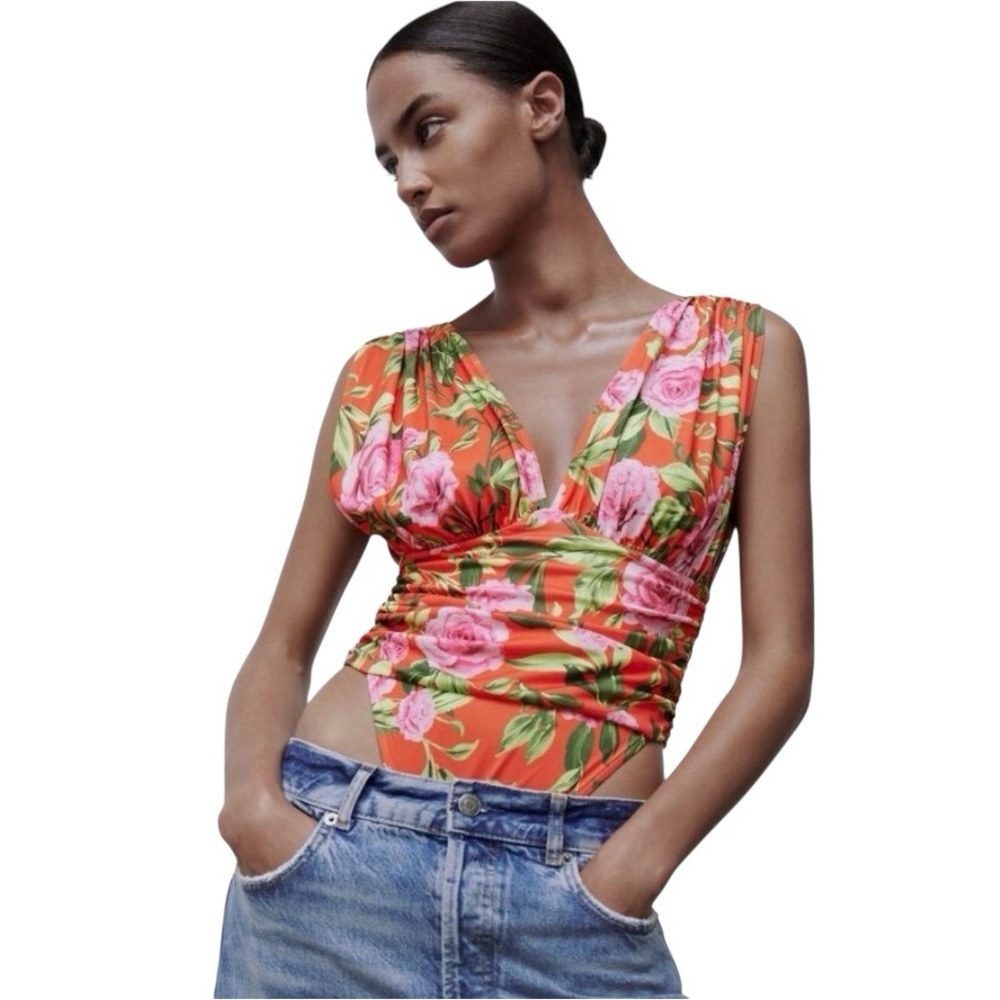 NWOTS Zara Women’s Multicolor Floral Draped Ruched Cutout Leotard Body Suit Sz S - Picture 6 of 7